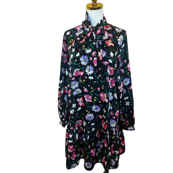 Kate Spade Black Floral Babydoll Mini Dress MEDIUM Bow Work Preppy Designer $300 - Picture 7 of 12
